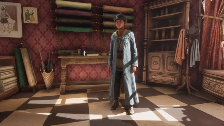 A handful of clothing choices available for players to purchase in Hogwarts Legacy.  (PS4 and PS5 footage screenshots)