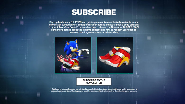 Get Sonic's "Soap" shoes in Sonic Frontiers via newsletter