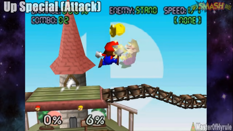 The up special is an uppercut derived from Mario's iconic jump pose and brick breaking history, complete with coins!