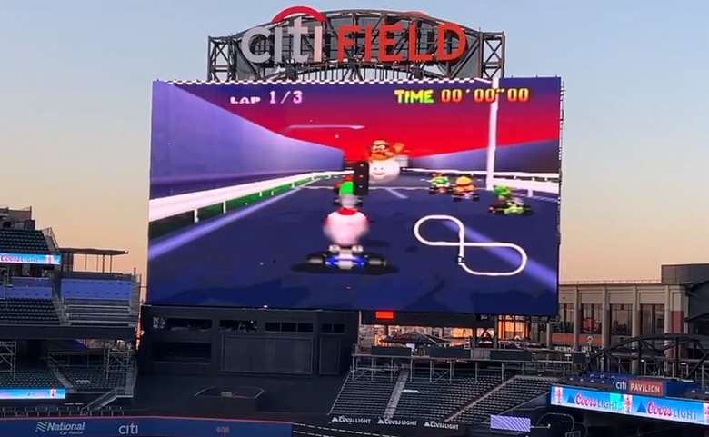 The Mets brand new scoreboard was used for the first time to play Mari