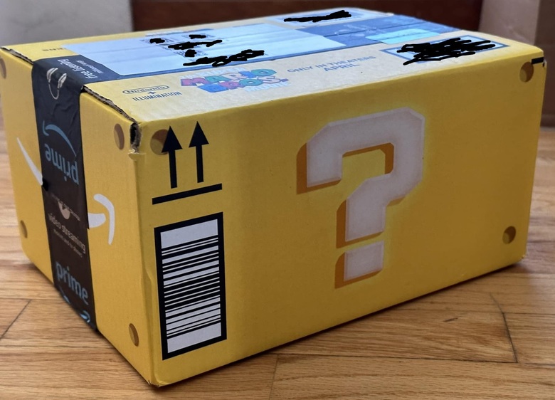 Amazon shipping packages in Mario question mark block-themed boxes