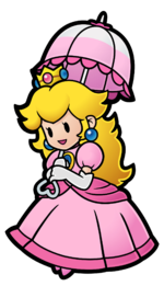 While Peach will often use her magic/dress to float through the air in games like Super Paper Mario and Super Princess Peach, she relies on a parasol. The design of the parasol in Smash is actually pulled from Super Paper Mario.