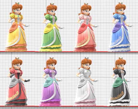 Daisy in turn gets costumes referencing the sports game as well as ones that parallel Peach's costumes.