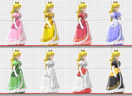 Peaches alternates derive from her costumes in Mario Sports games, her fire flower dress, and her wedding dress from Super Paper Mario.