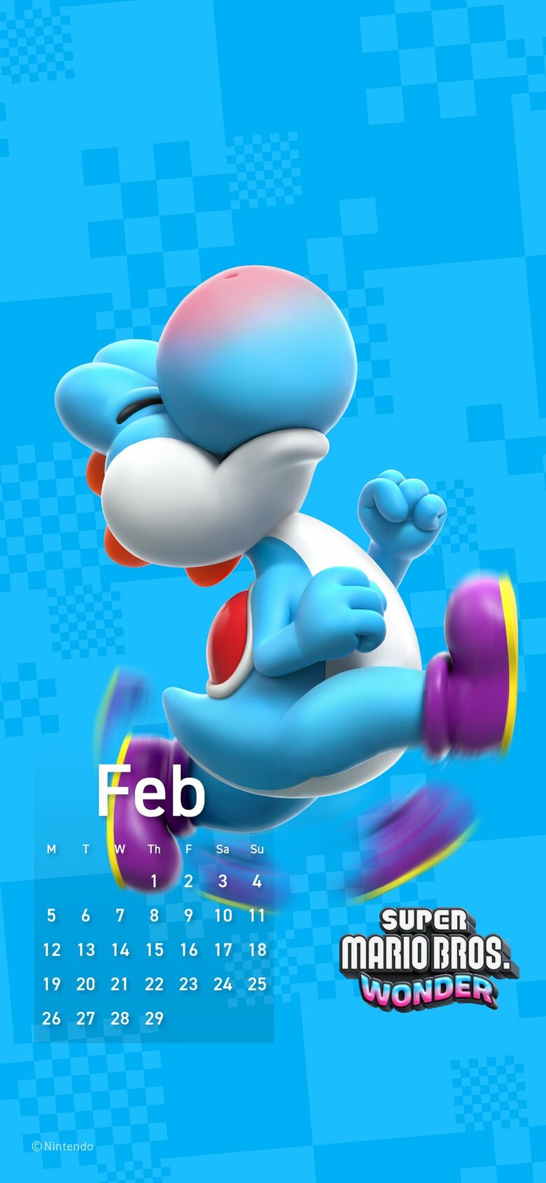 Nintendo Shares February Phone Calendar Featuring Mario Wonder's Light-Blue Yoshi