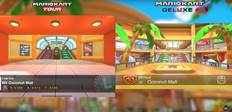 Mario Kart Tour Vs. Mario Kart 8 Deluxe 'Coconut Mall' comparison
