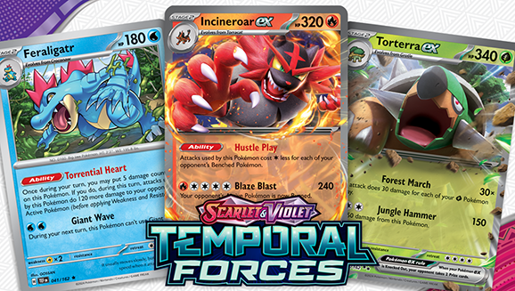 Learn about the Pokémon Scarlet & Violet—Temporal Forces Triple Play: Torterra ex, Feraligatr, and Incineroar ex