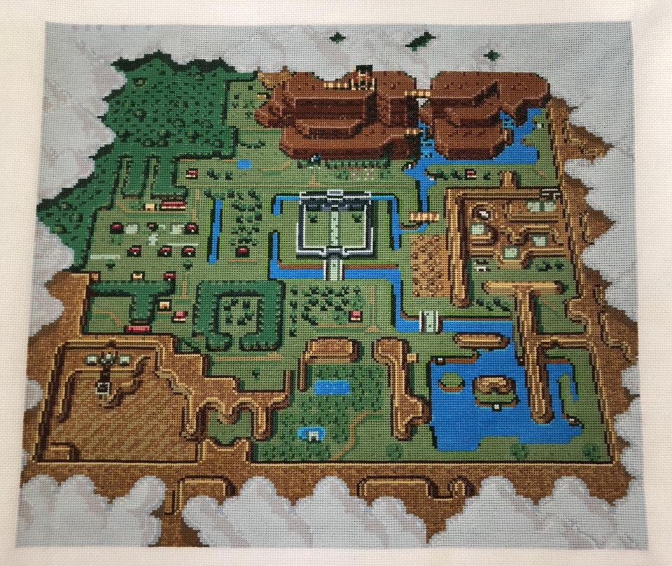 Fan-Art: The Legend of Zelda: A Link to the Past cross-stitch map.